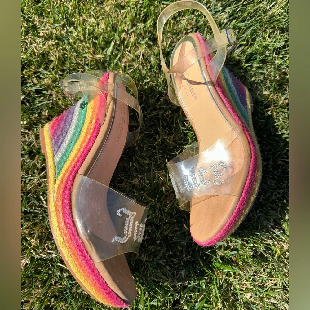 Juicy Couture Rainbow Espadrille Wedge Womens Sandals And Rhinestone Logo Sz 7.5